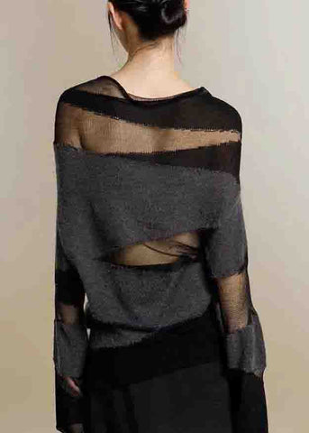 Nuevos suéteres de punto fino con cuello alto de tul y patchwork negros para otoño 