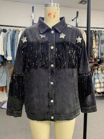 Chaqueta vaquera con borlas y estampado de estrellas para otoño e invierno, para mujer