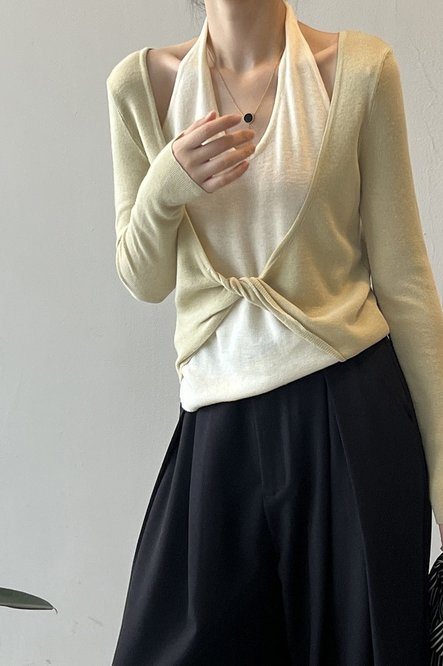 Patchwork Layered Halter Long Sleeve Tee