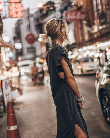 Simple and Effortless Open Sleeve Slit Oversized T-shirt Midi Dress