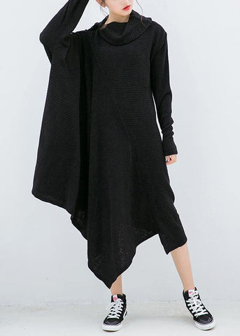 Vestidos de suéter de punto negros Diseño asimétrico Tops de punto de cuello alto grande 
