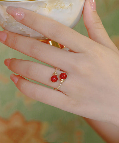 Anillos abiertos de ágata dorada en plata de ley roja retro 