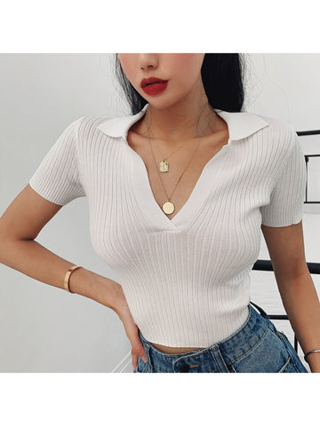 Crop Top Damenhemden Sommer Kurzarm T-Shirt Damen Vintage Kleidung Geripptes Solid Slim Stricktop Cropped Tees 