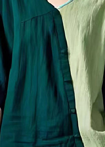Grüne Patchwork Leinen Tops V-Ausschnitt Oversized Sommer 