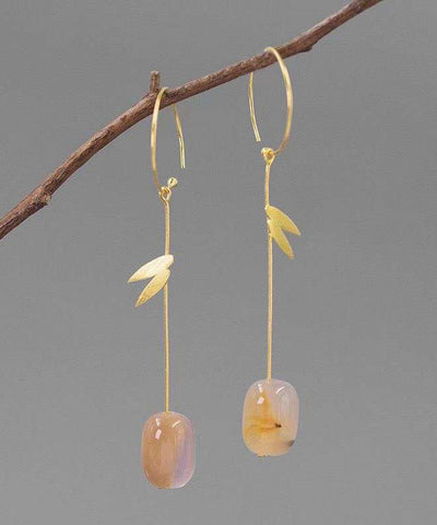 Chinese Style Gold Sterling Silver Overgild Water Drop Bamboo Leaf Drop Earrings