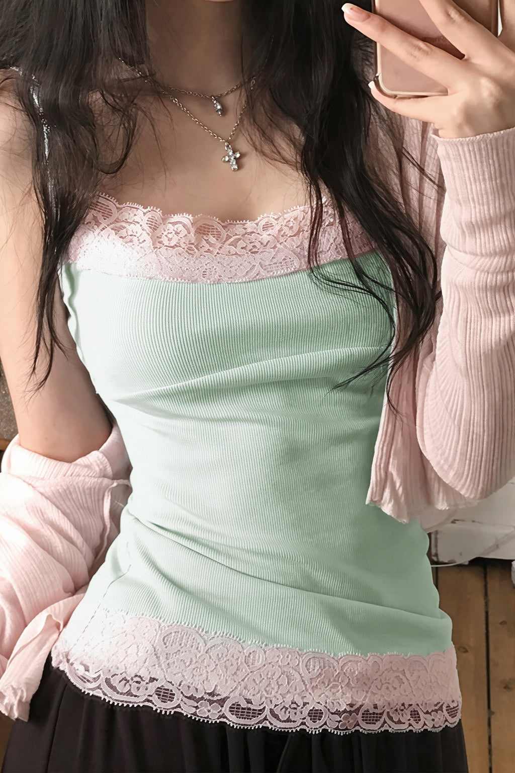 Contrast Lace Knit Slim Cami Top