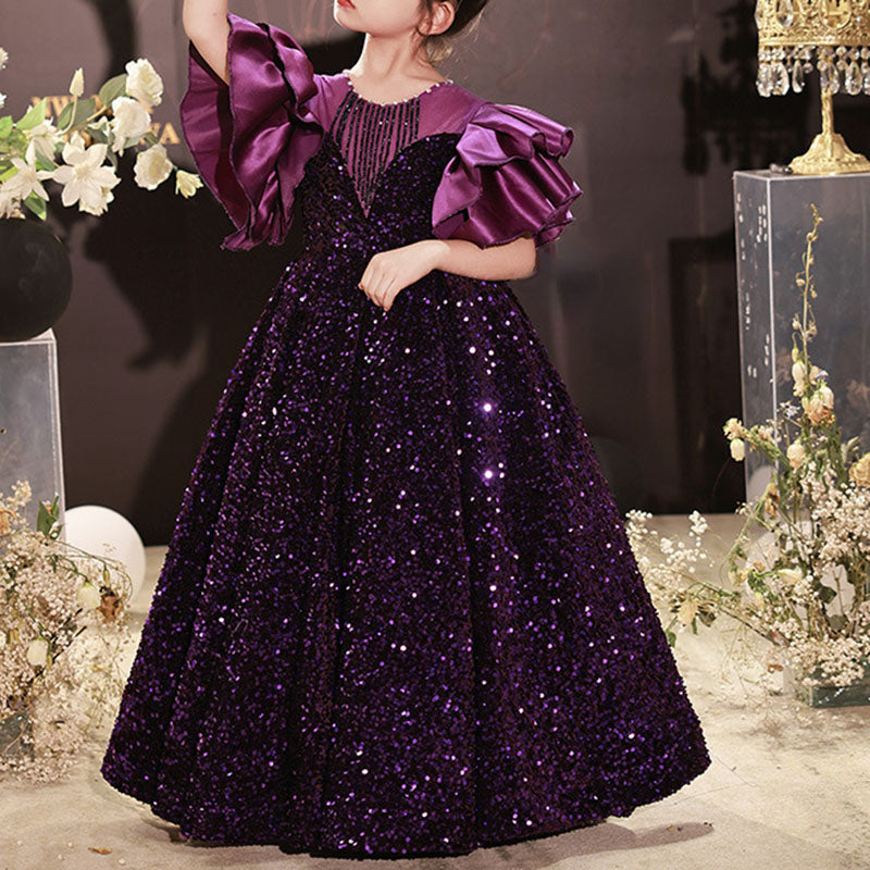 Kommunionkleid für Blumenmädchen, Paillettenkleid mit Rückenbindefunktion, Prinzessinnenkleid 