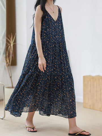 Women Vintage Floral Pleat V-Neck Loose Vest Dress