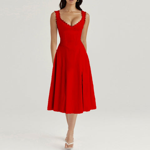 Strap Dress Women Summer Elegant Lace V Neck Fitted Waist Backless Lace Up Midi Dress – Best Summer Dress for Women