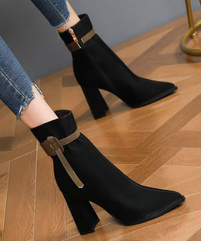 Elegante schwarze Kunstleder-Spleißstiefel mit spitzer Spitze 