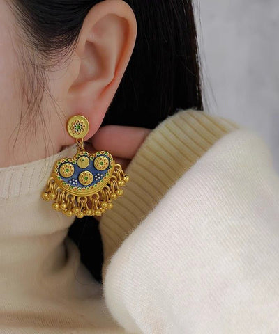 Chinese Style Gold Enamel Ancient Gold Tasse Drop Earrings