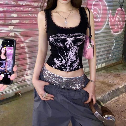 Tops con estampado gótico, top corto estético Y2K, top de encaje sin mangas, camisola, chaleco Harajuku, ropa de calle, camiseta sin mangas negra, ropa para mujer 