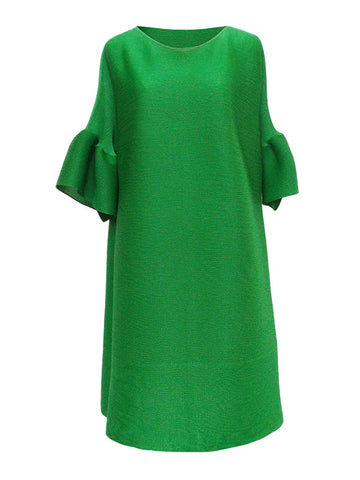 Elegante selección de vestidos midi de cuello redondo, color liso, plisados, con mangas acampanadas y corte A 