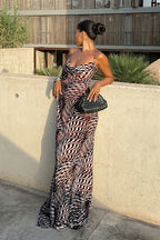 Sheer Mesh Cowl Neck Slip Strap Maxi Dress