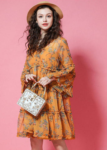 Vestidos de fiesta de gasa con estampado amarillo y mangas farol con volantes 