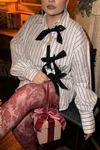 Bow Tie Striped Lapel Long Sleeve Blouse