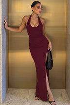Tie Halter U Neck Waist Cinched Split Elegant Maxi Dress