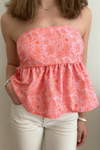 Floral Ruffle Strapless Cropped Blouse