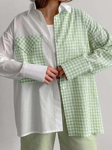 Long Sleeves Loose Buttoned Contrast Color Plaid Pockets Split-Joint Lapel Blouses&Shirts Tops