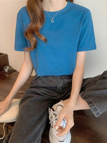 Women's T-Shirt Korean Loose O-Neck Basic Tops Female Spring White Black Tee Shirts