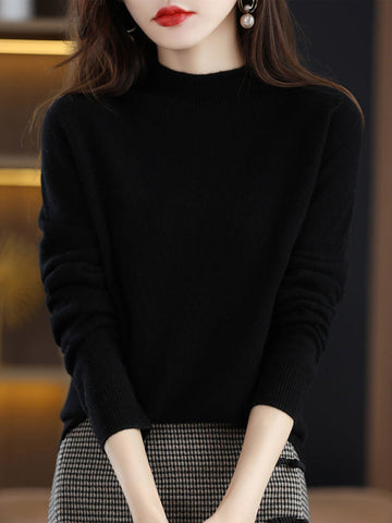 Casual Long Sleeves Solid Color Half Turtleneck Sweater Tops