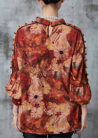 Elegante Orange Stehkragen Print Chiffon Blusen Frühling 