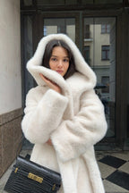 Faux Mink Fur Long Hooded Belted Plush Overcoat