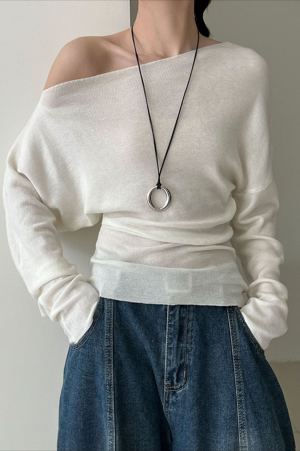 Waist Defining Asymmetric Shoulder Knit Top