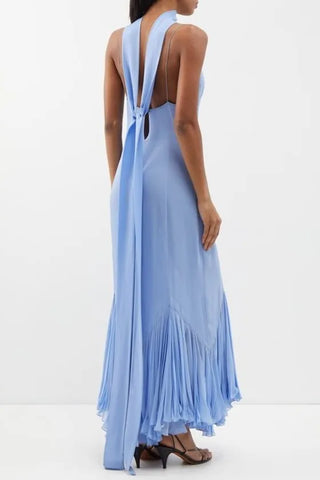 Vestido midi lencero con espalda descubierta y volantes 