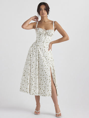 Vestido midi de fiesta con corsé, floral, tirantes anchos, espalda descubierta y abertura lateral