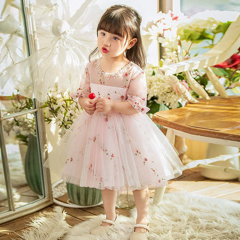 Vestido de niña de verano con estampado de flores rosas para comunión, bonito vestido de princesa 
