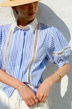 Chic Stripe Lace Puff Sleeve Blouse