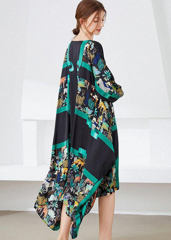 Vestidos largos de otoño con cuello en V, estampado vintage en negro y verde 