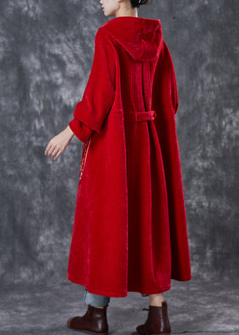 Roter orientalischer warmer Fleece-Cord-Trenchcoat bestickt Winter 