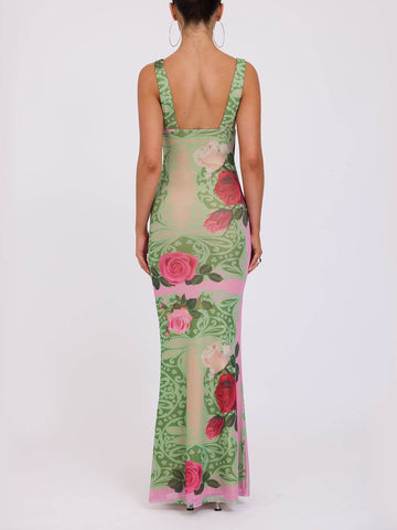 Maxikleid mit V-Ausschnitt und kontrastierendem Rosenmuster im Urlaubsstil 