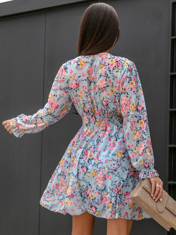 Minikleider Rosa Blumendruck Langarm Kurzes Kleid 