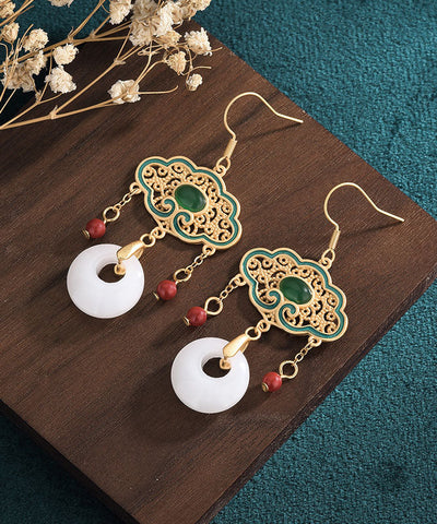 Pendientes colgantes con borla y hebilla de ping, de aleación blanca, con incrustaciones de gemas, jade y esmalte cloisonné. 