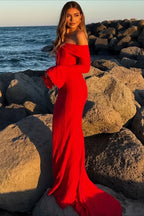 Off Shoulder Lace Flare Sleeve Fitted Train Elegant Maxi Dress