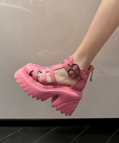 Sandalias gruesas con aberturas y empalmes suaves de piel de vaca rosa 