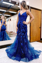 Meerjungfrauen-Abendkleid mit Spaghettiträgern, dunkelblau, lang, mit Applikationen