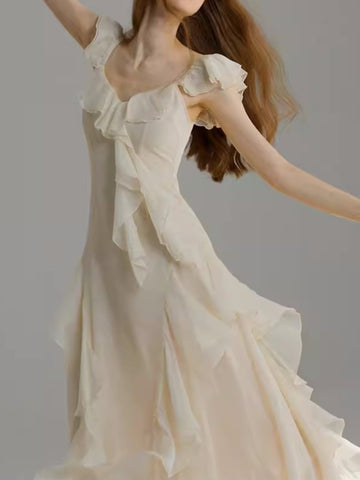 Vestido midi elegante francés con volantes para mujer, novedad de verano, sin mangas, cuello en V, estilo playero, corte en A, para fiesta y graduación 