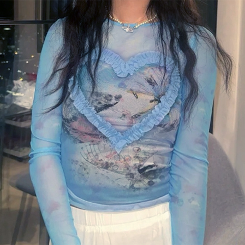 Gauze Heart Sweet Blue Tie Dye T-Shirt Women Y2K Streetwear Mesh Butterfly Tops Full Sleeve Tees Crew Neck Elastic Clas