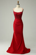 Meerjungfrauen-Abendkleid mit Spaghettiträgern, königsblau, lang, mit Applikationen