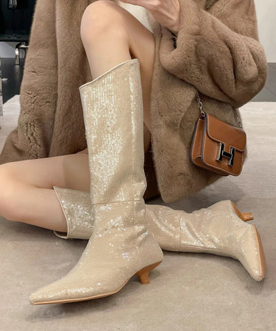 Nuevas y elegantes botas de tacón bajo con lentejuelas en color albaricoque 
