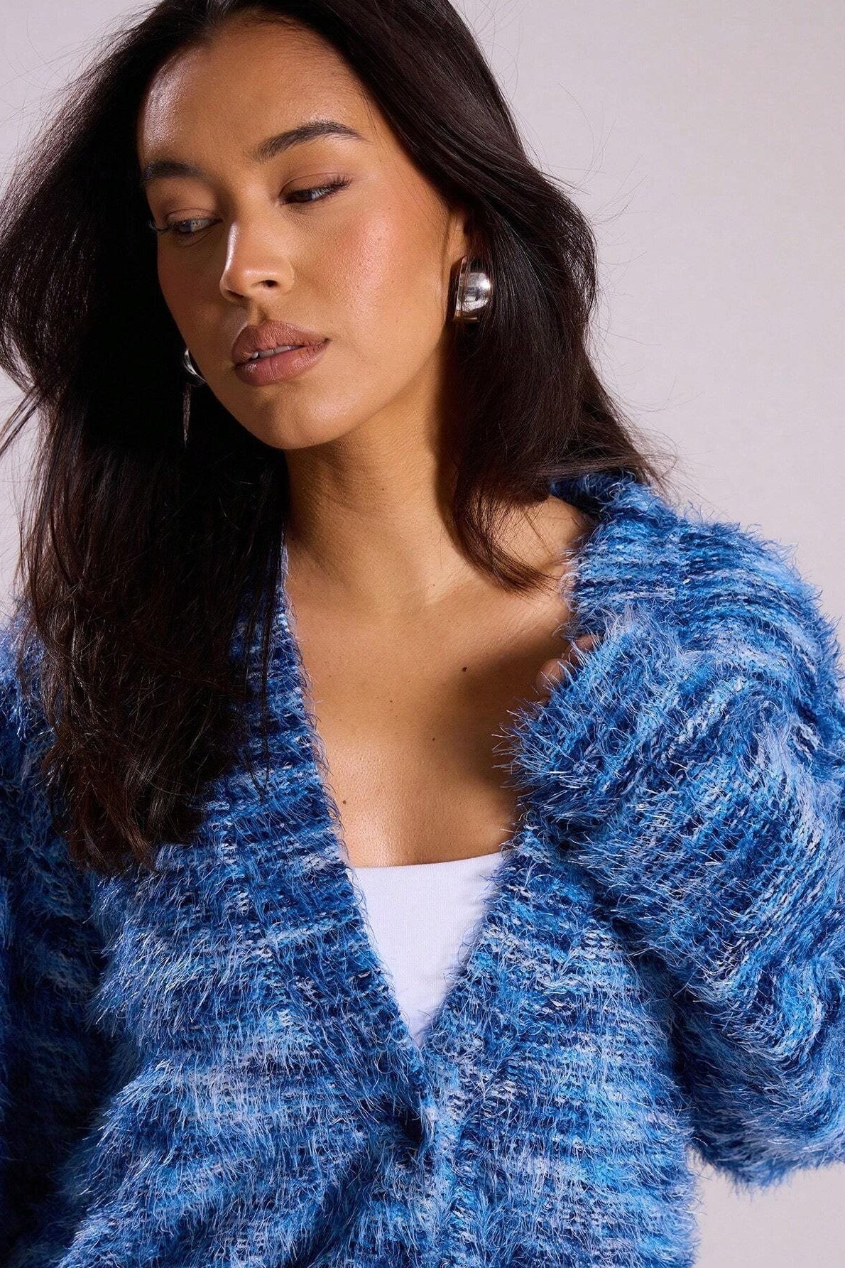 New Retro Fashion Deep V-Neck Maillard Plush Long-Sleeve Knit Cardigan