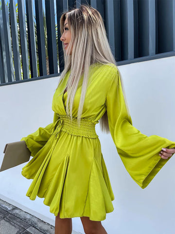 Mini Dresses Yellow Green Long Sleeves Lace Up Short Dress
