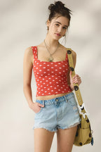 Vintage Dot Ribbed Square Neck Fitted Tank Top