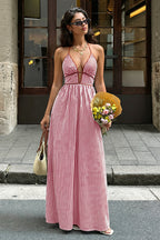 Slim Striped Halter Backless Beach Cami Maxi Dress