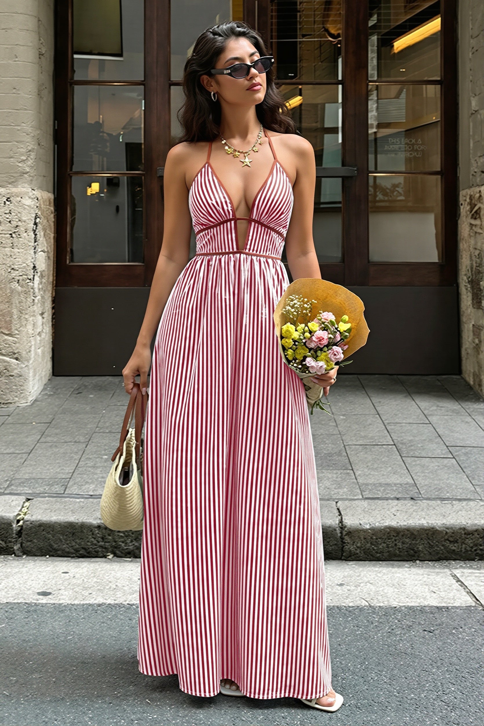 Slim Striped Halter Backless Beach Cami Maxi Dress