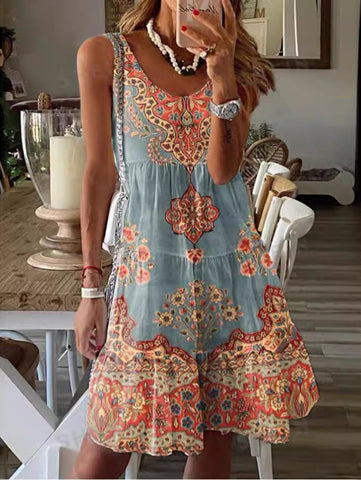 Vestido mini bohemio sin mangas con estampado floral y escote redondo 